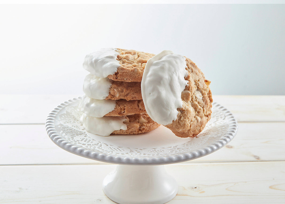 White-Dipped White Choc Mac Nut Cookies